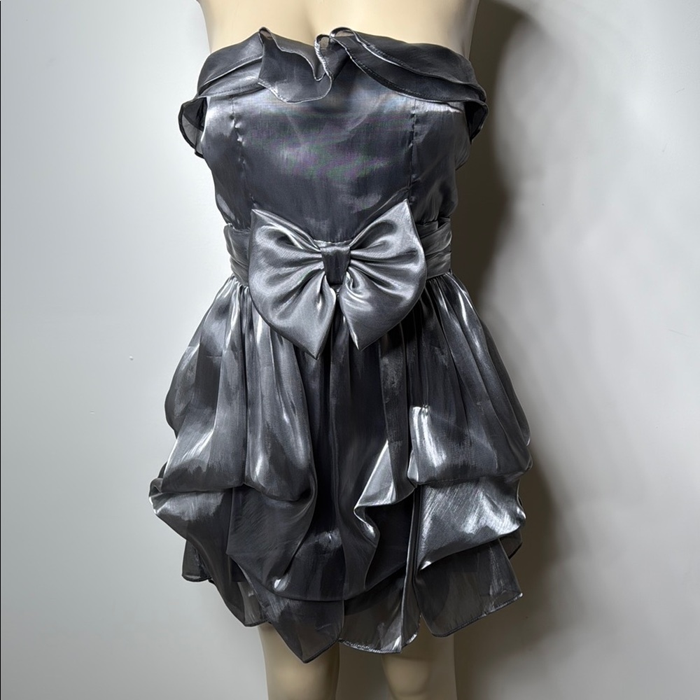 Silver Strapless Ruffled Babydoll Mini Dress